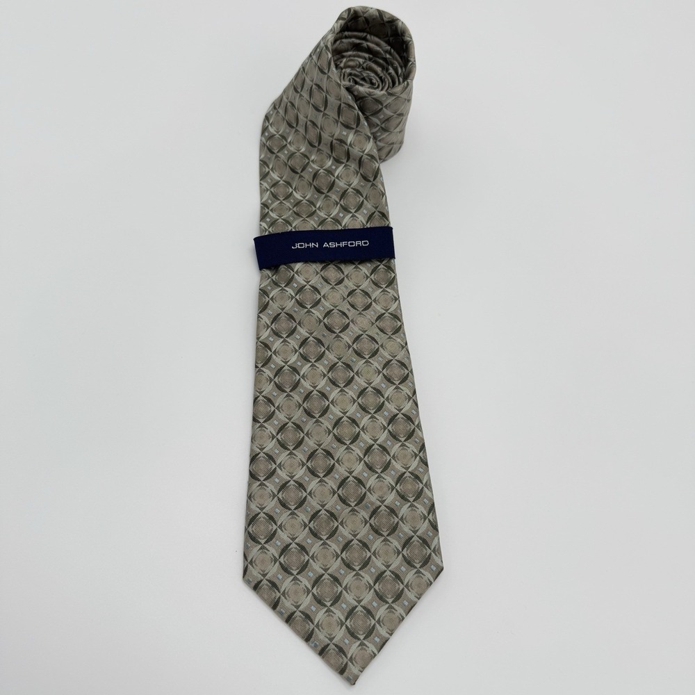 John Ashfordβ Men's NWT Silk Tie Champagne, Beige Tan Baby Blue Geometric X Long